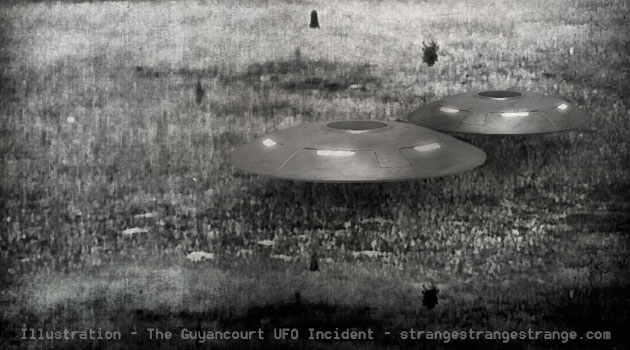 Illustration of two flying saucers side by side floating over a field