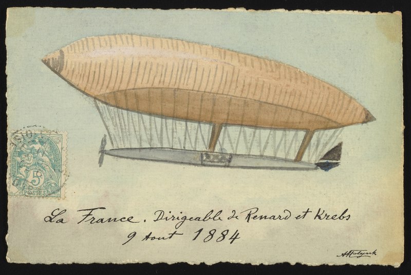 La France. Airship of [Charles] Renard and [Arthur Constantin] Krebs Postcard featuring a hand-drawn illustrated depiction of the La France French army non-rigid airship first launched by French military engineer Charles Renard (1847–1905) and Arthur Constantin Krebs (1847 or 1850-1935) on August 9, 1884.