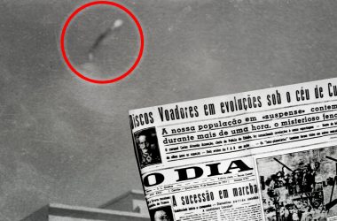Close up of the only photograph with the quality of a shiny UFO from Curitiba 1954 and the headlines from the next day newspaper.