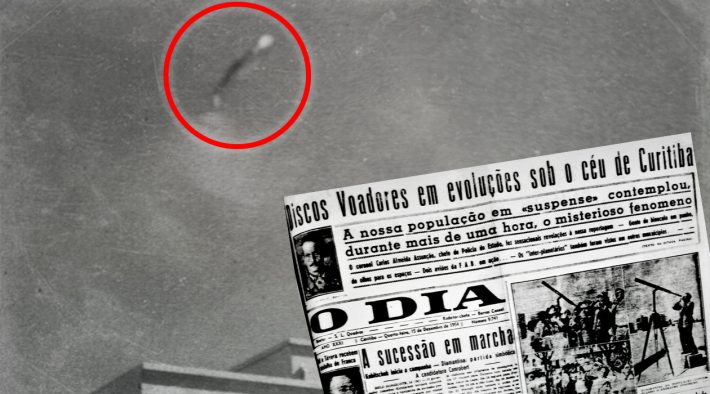 Close up of the only photograph with the quality of a shiny UFO from Curitiba 1954 and the headlines from the next day newspaper.
