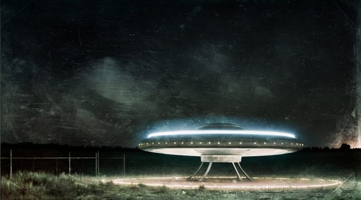 in an airfield in a Rural area, from a distance point of view of about 100 meters, a UFO on the ground round or oval, UFO has 2.50 m in height and is taller than it was wide, the ufo is transparent and entirely illuminated by a strong bluish light, a slightly pronounced "beak" at the front.