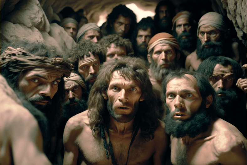 a group of Neanderthals with humans close together by a cave mouth on north Israel desert
