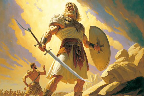 the young Israeli shepherd David stood on the battlefield, facing off against the Philistine warrior giant Goliath.